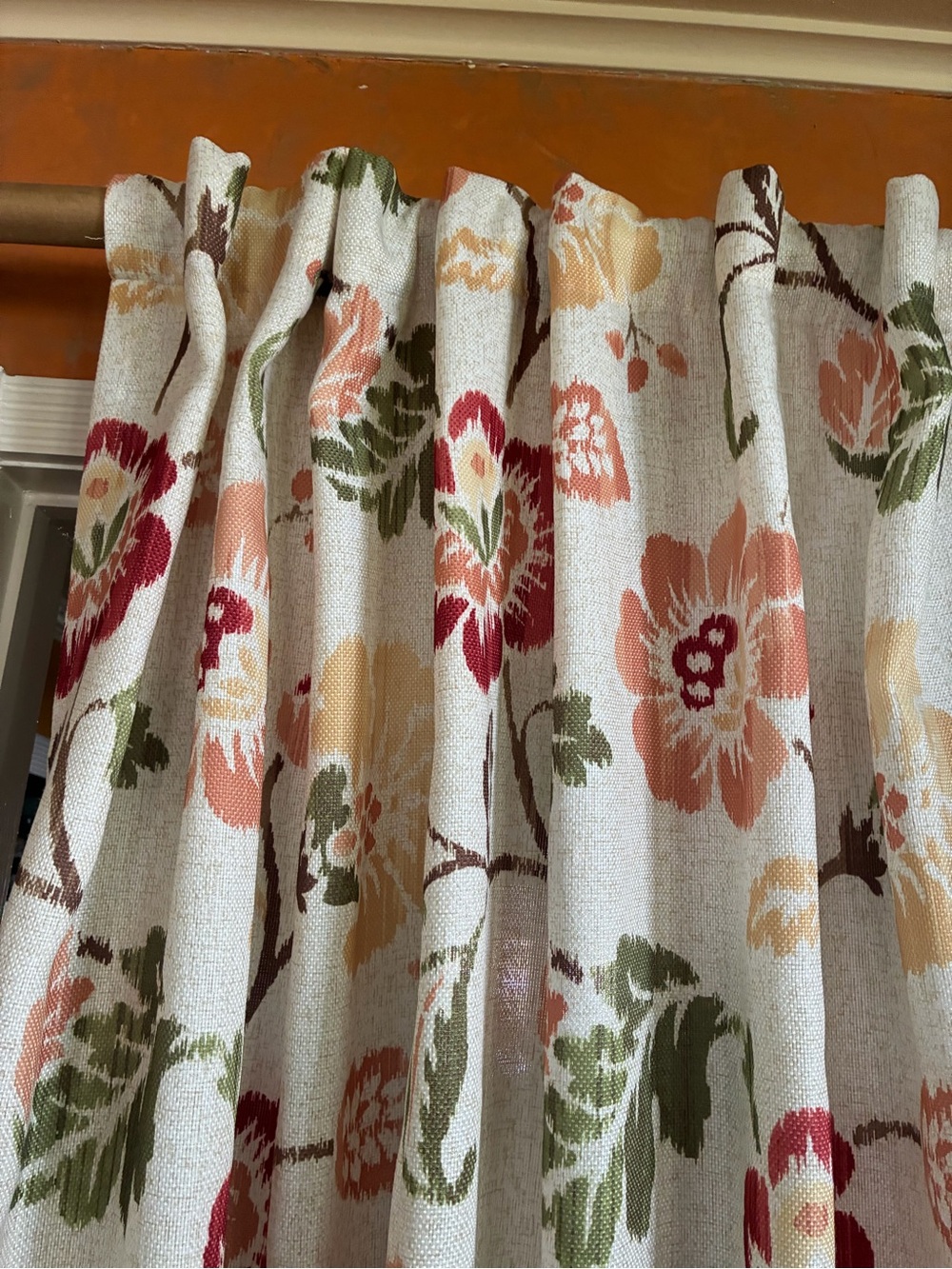 Floral Fall Linen-Blend Window Curtain Panel in Cream and Coral and green